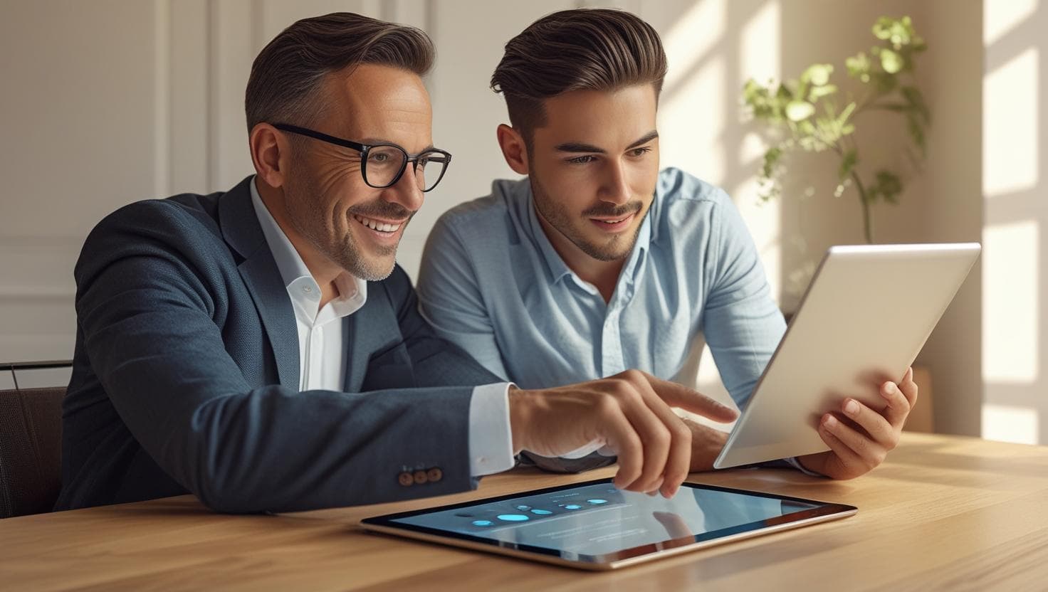 A business owner and a web developer discussing website features on a tablet, symbolizing collaboration.