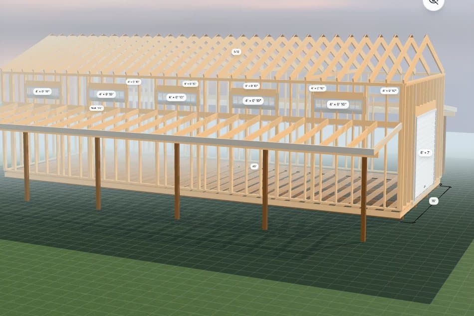 Framing view of a 16 by 40 foot building in the 3D configurator NerdBrainz built for North Idaho On Site Sheds, showing studs, rafters and window openings